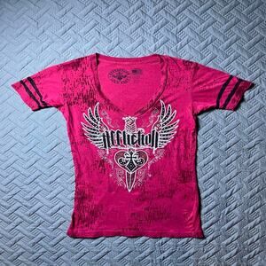 Affliction T-Shirt Y2K Small Crimson Embellish Rhinestone Wings Fleur de Lis Emo